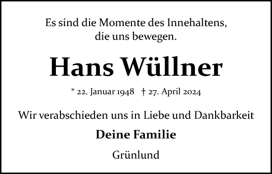 Traueranzeige von Hans Wüllner von Eckernförder Zeitung, Hallo Eckernförde