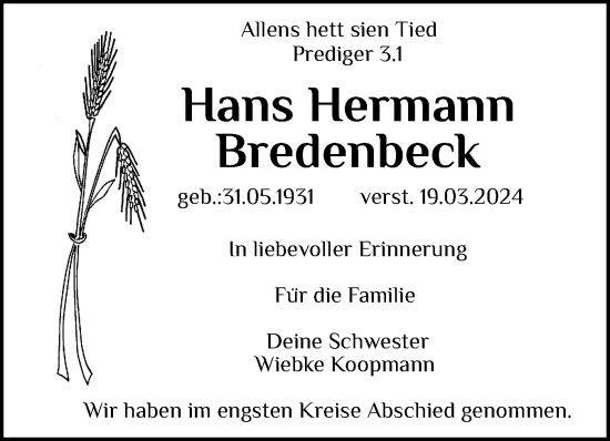 Traueranzeige von Hans Hermann Bredenbeck von Norddeutsche Rundschau, Wilstersche Zeitung, Glückstädter Fortuna