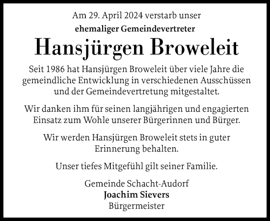 Traueranzeige von Hansjürgen Broweleit von Schleswig-Holsteinische Landeszeitung