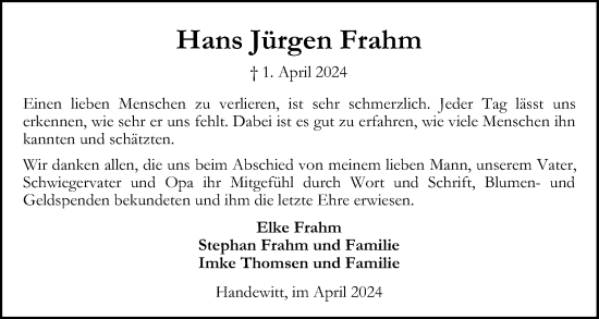 Traueranzeige von Hans Jürgen Frahm von Flensburger Tageblatt
