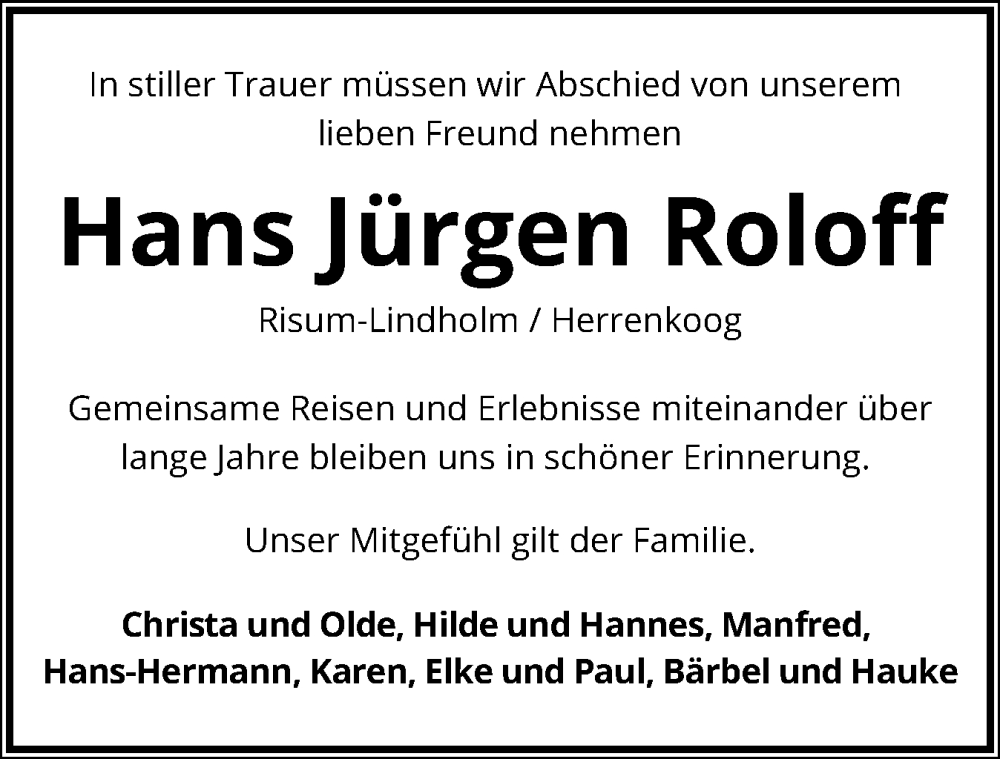  Traueranzeige für Hans Jürgen Roloff vom 08.05.2024 aus Husumer Nachrichten, Nordfriesland Tageblatt
