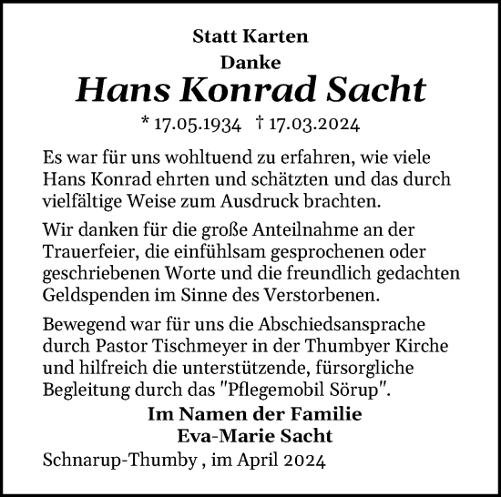 Traueranzeige von Hans Konrad Sacht von Flensburger Tageblatt, Schleswiger Nachrichten, Schlei-Bote