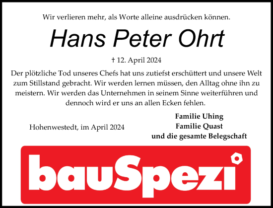 Traueranzeige von Hans Peter Ohrt von Schleswig-Holsteinische Landeszeitung