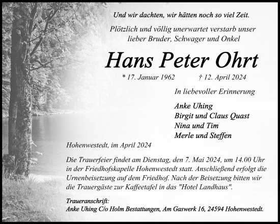 Traueranzeige von Hans Peter Ohrt von Schleswig-Holsteinische Landeszeitung