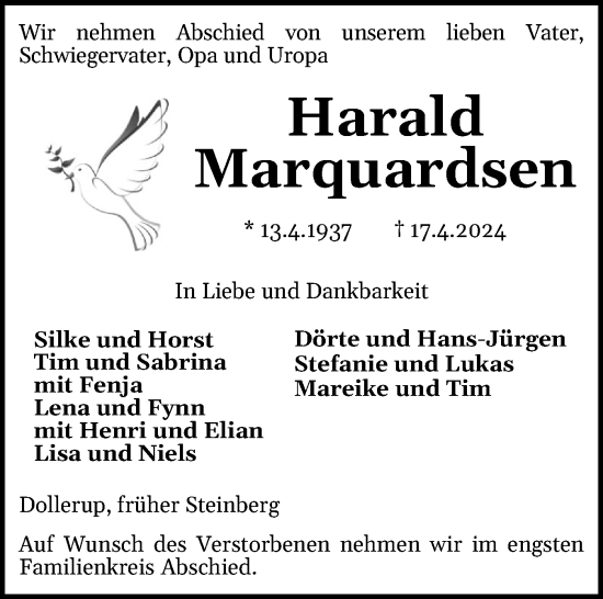 Traueranzeige von Harald Marquardsen von Flensburger Tageblatt