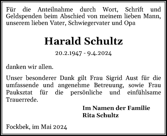 Traueranzeige von Harald Schultz von Schleswig-Holsteinische Landeszeitung