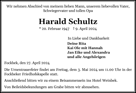 Traueranzeige von Harald Schultz von Schleswig-Holsteinische Landeszeitung