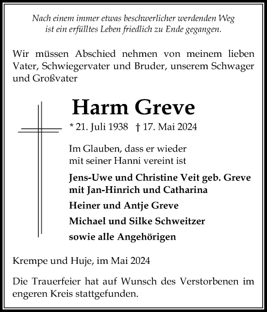 Traueranzeige von Harm Greve von Norddeutsche Rundschau, Wilstersche Zeitung, Glückstädter Fortuna