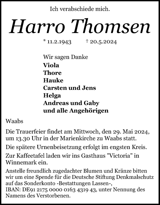Traueranzeige von Harm Thomsen von Eckernförder Zeitung