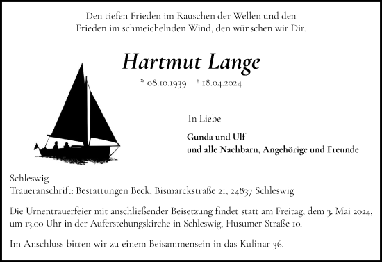 Traueranzeige von Hartmut Lange von Schleswiger Nachrichten, Schlei-Bote