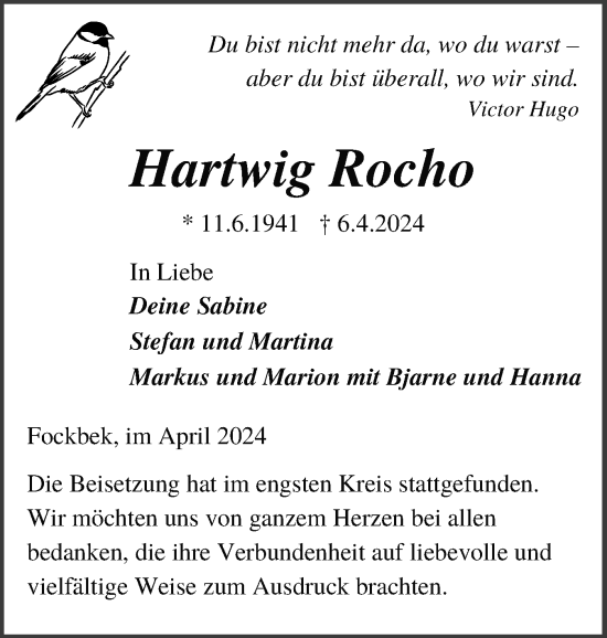 Traueranzeige von Hartwig Rocho von Schleswig-Holsteinische Landeszeitung