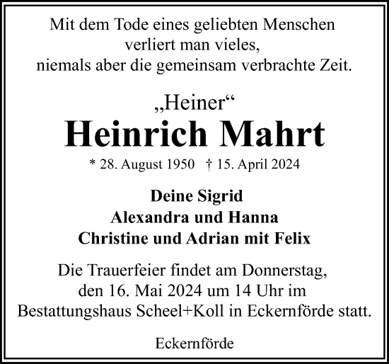 Traueranzeige von Heinrich Mahrt von Eckernförder Zeitung, Hallo Eckernförde