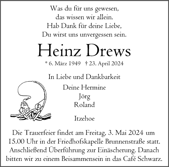 Traueranzeige von Heinz Drews von Norddeutsche Rundschau, Wilstersche Zeitung, Glückstädter Fortuna