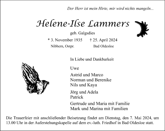 Traueranzeige von Helene-Ilse Lammers von Stormaner Tageblatt