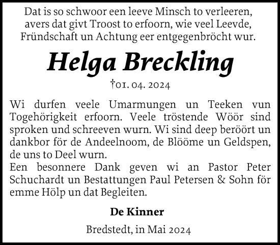 Traueranzeige von Helga Breckling von Husumer Nachrichten, Nordfriesland Tageblatt