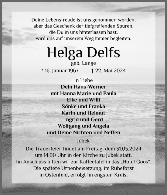 Traueranzeige von Helga Delfs von Schleswiger Nachrichten, Schlei-Bote