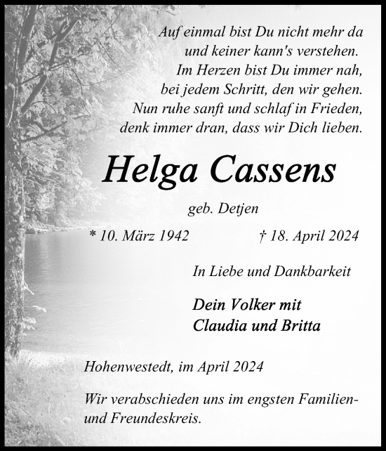 Traueranzeige von Helga Lassens von Schleswig-Holsteinische Landeszeitung