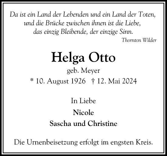 Traueranzeige von Helga Otto von Region Pinneberg und tip Pinneberg