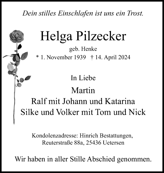 Traueranzeige von Helga Pilzecker von Uetersener Nachrichten, Der tip am Wochenende