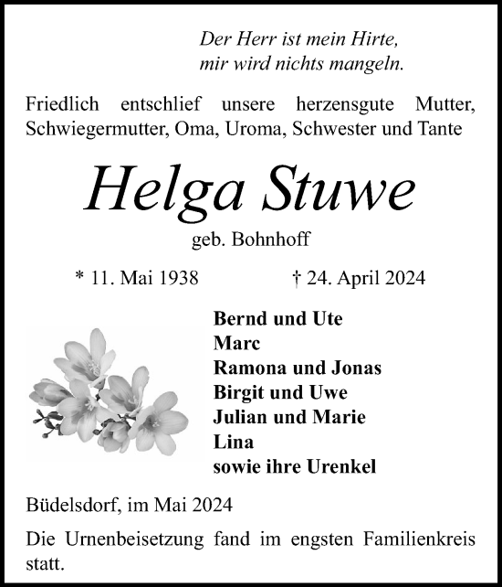 Traueranzeige von Helga Stuwe von Schleswig-Holsteinische Landeszeitung