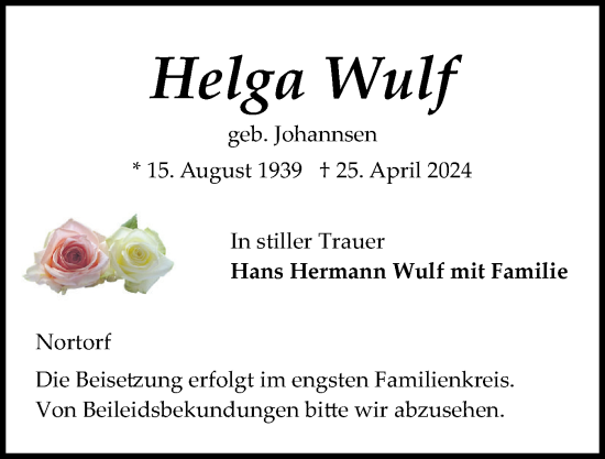 Traueranzeige von Helga Wulf von Schleswig-Holsteinische Landeszeitung