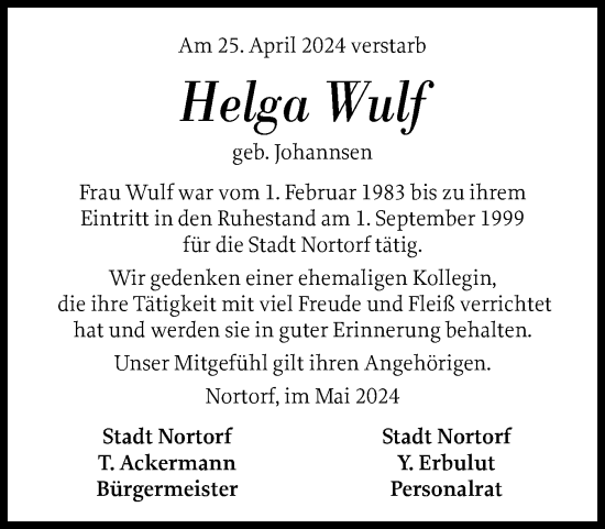 Traueranzeige von Helga Wulf von Schleswig-Holsteinische Landeszeitung