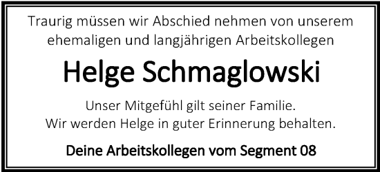 Traueranzeige von Helge Schmaglowski von Flensburger Tageblatt