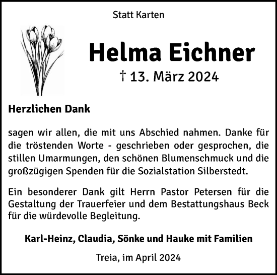 Traueranzeige von Helma Eichner von Husumer Nachrichten, Nordfriesland Tageblatt