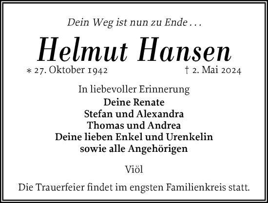 Traueranzeige von Helmut Hansen von Husumer Nachrichten, Nordfriesland Tageblatt