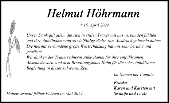 Traueranzeige von Helmut Höhrmann von Schleswig-Holsteinische Landeszeitung