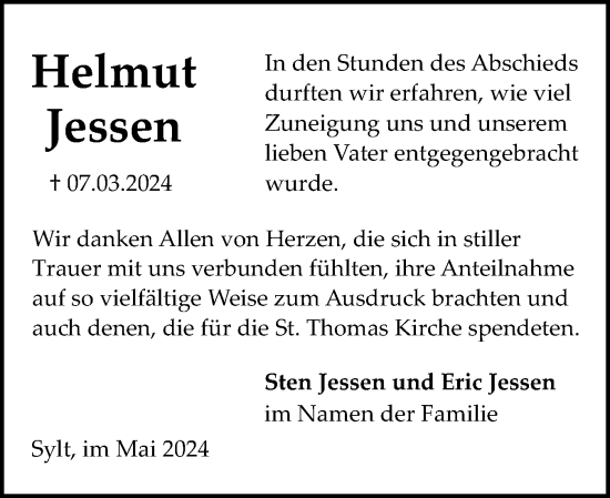 Traueranzeige von Helmut Jessen von Sylter Rundschau