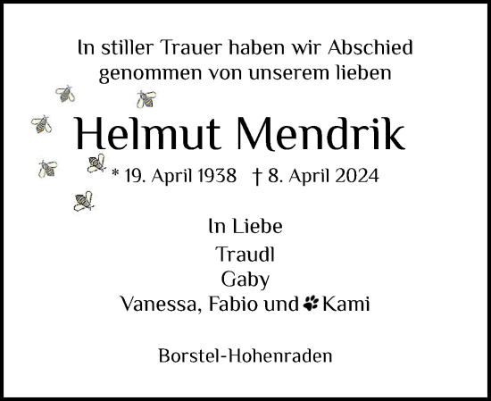 Traueranzeige von Helmut Mendrik von Region Pinneberg und tip Pinneberg