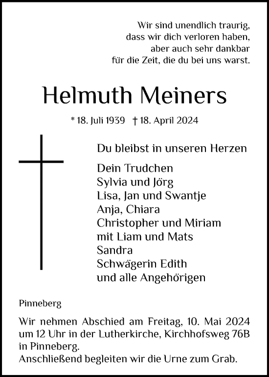 Traueranzeige von Helmuth Meiners von Region Pinneberg und tip Pinneberg