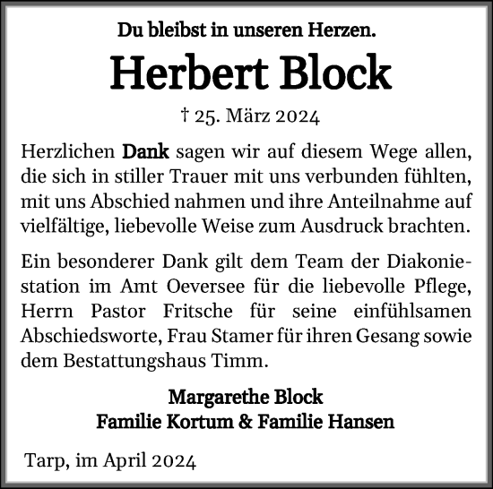 Traueranzeige von Herbert Block von Flensburger Tageblatt