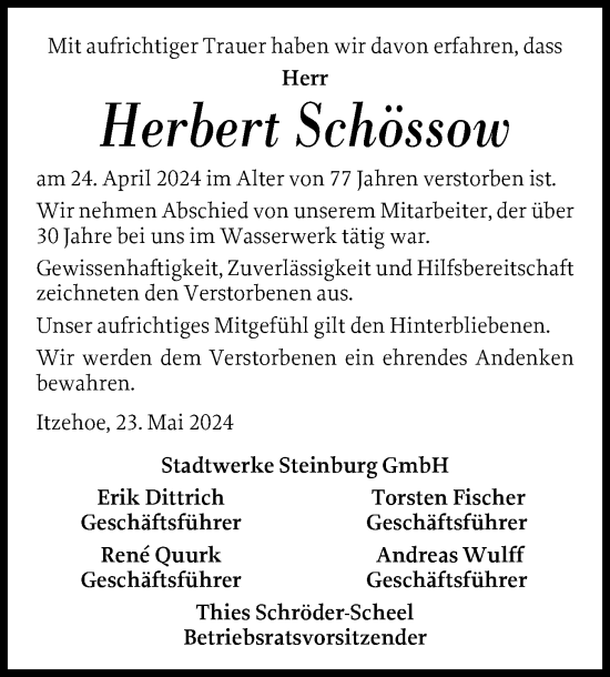 Traueranzeige von Herbert Schössow von Norddeutsche Rundschau, Wilstersche Zeitung, Glückstädter Fortuna