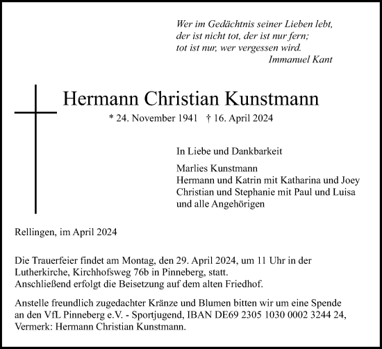 Traueranzeige von Hermann Christian Kunstmann von Region Pinneberg und tip Pinneberg