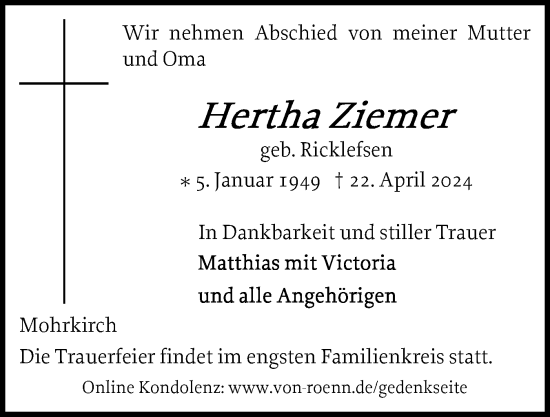 Traueranzeige von Hertha Ziemer von Flensburger Tageblatt, Schleswiger Nachrichten, Schlei-Bote