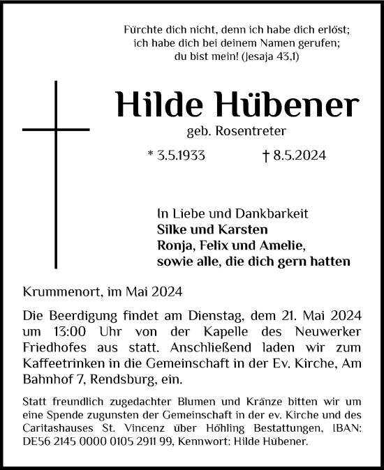 Traueranzeige von Hilde Hübener von Schleswig-Holsteinische Landeszeitung