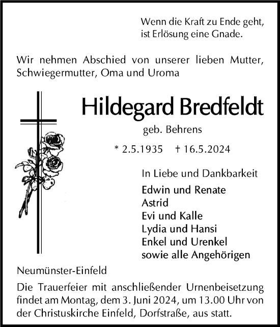 Traueranzeige von Hildegard Bredfeldt von Holsteinischer Courier