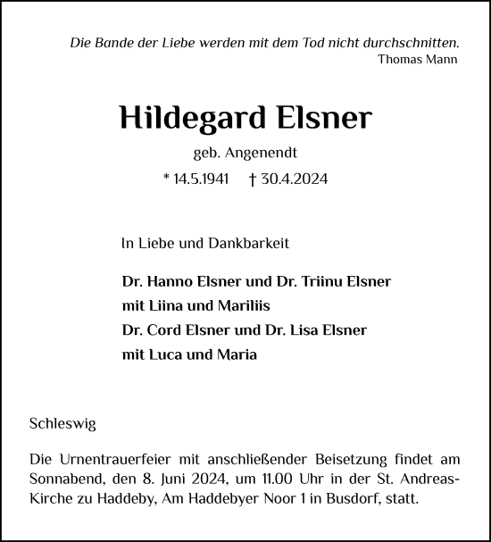 Traueranzeige von Hildegard Elsner von Schleswiger Nachrichten, Schlei-Bote