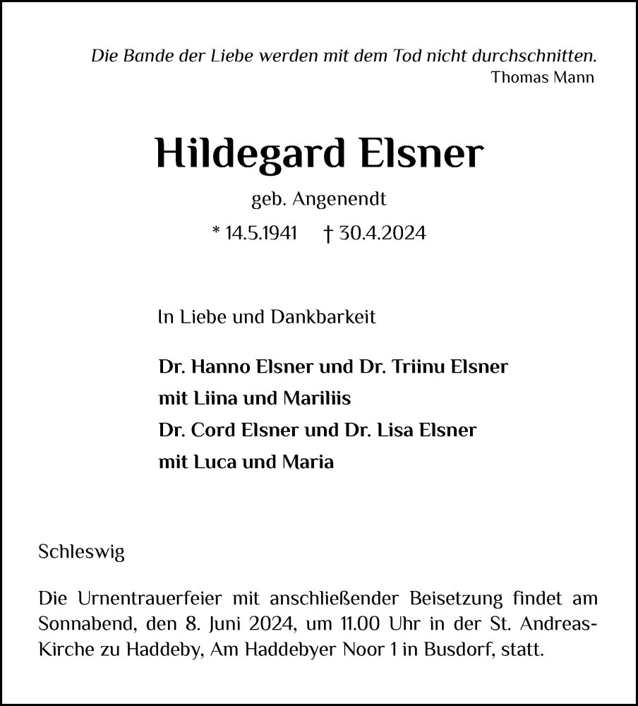  Traueranzeige für Hildegard Elsner vom 04.05.2024 aus Schleswiger Nachrichten, Schlei-Bote