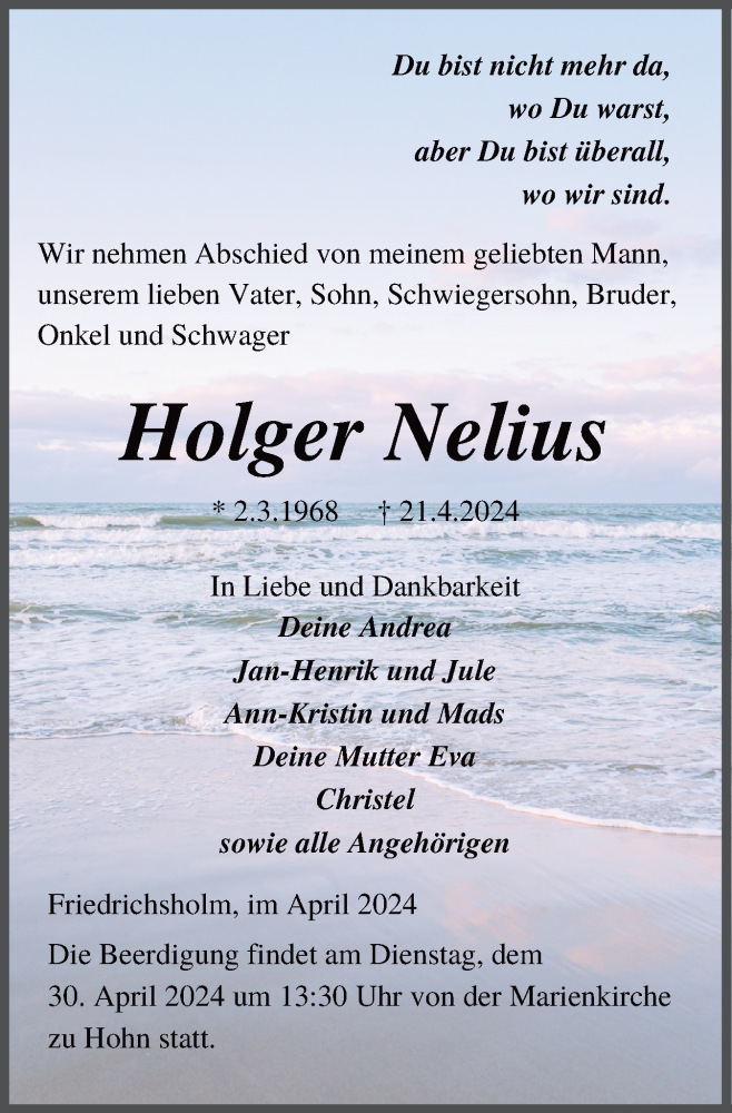  Traueranzeige für Holger Nelius vom 27.04.2024 aus Schleswig-Holsteinische Landeszeitung