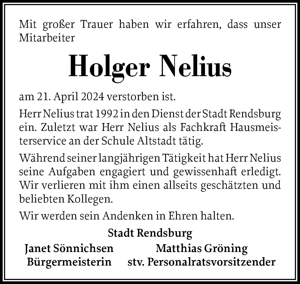  Traueranzeige für Holger Nelius vom 04.05.2024 aus Schleswig-Holsteinische Landeszeitung