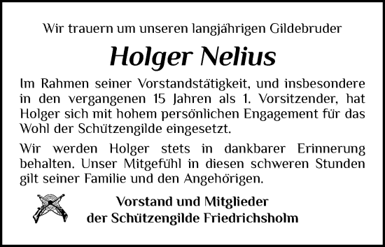 Traueranzeige von Holger Nelius von Schleswig-Holsteinische Landeszeitung