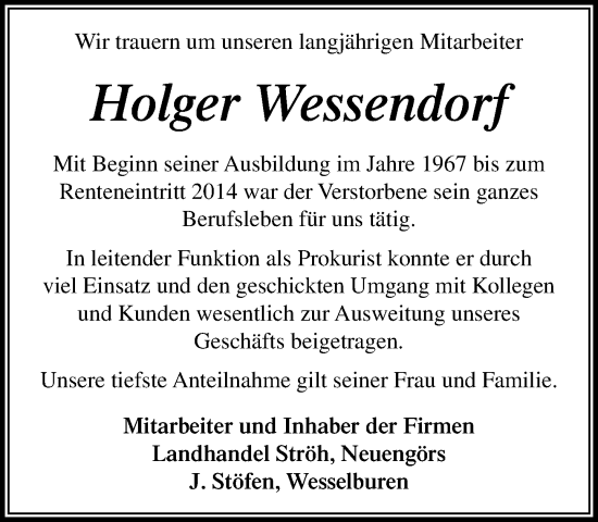 Traueranzeige von Holger Wessendorf von Stormaner Tageblatt