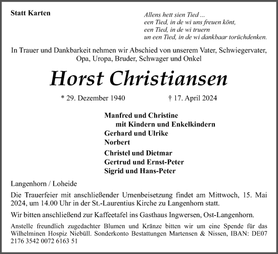 Traueranzeige von Horst Christiansen von Husumer Nachrichten, Nordfriesland Tageblatt