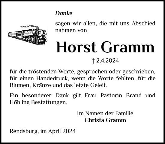 Traueranzeige von Horst Gramm von Schleswig-Holsteinische Landeszeitung