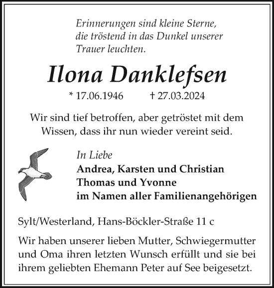 Traueranzeige von Ilona Danklefsen von Sylter Rundschau