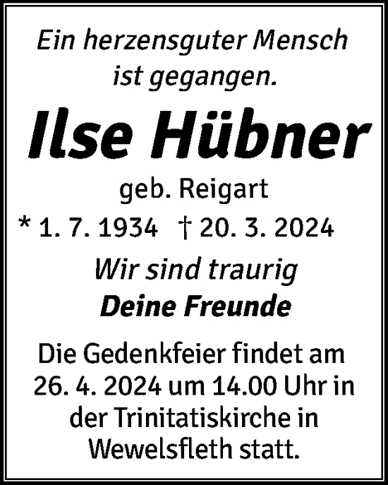 Traueranzeige von Ilse Hübner von Norddeutsche Rundschau, Wilstersche Zeitung, Glückstädter Fortuna