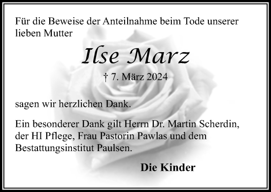 Traueranzeige von Ilse Marz von Stormaner Tageblatt